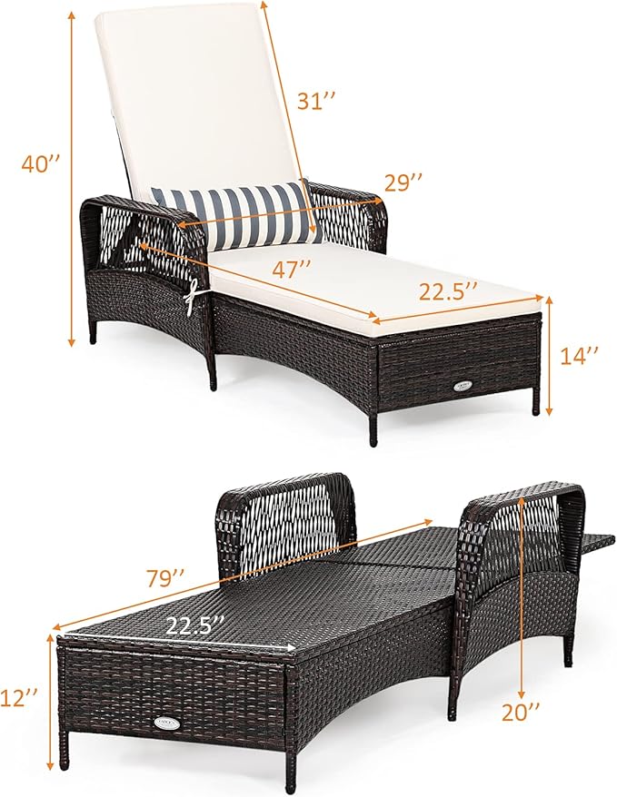 Tangkula Wicker Chaise Lounge Outdoor, Patio Rattan Reclining Chaise with 6-Gear Adjustable Backrest, Thick Padded Cushion & Removable Lumbar Pillow, Pool Lounge Chairs for Outside Balcony Backyard