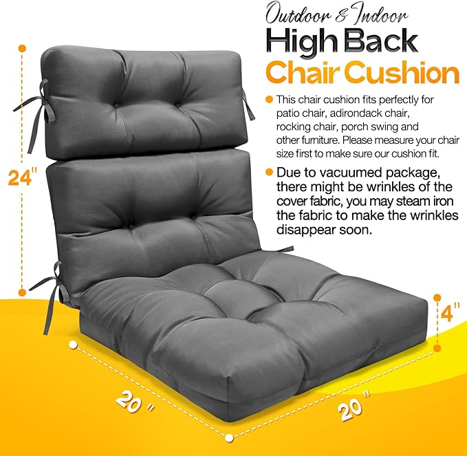 MAGIC ELEPHANT High Back Chair Cushion, Indoor Outdoor Memory Foam Chair Cushion with Ties for Adirondack and Rocking Chair, Waterproof Replacement Patio Cushion for Chair (Grey)