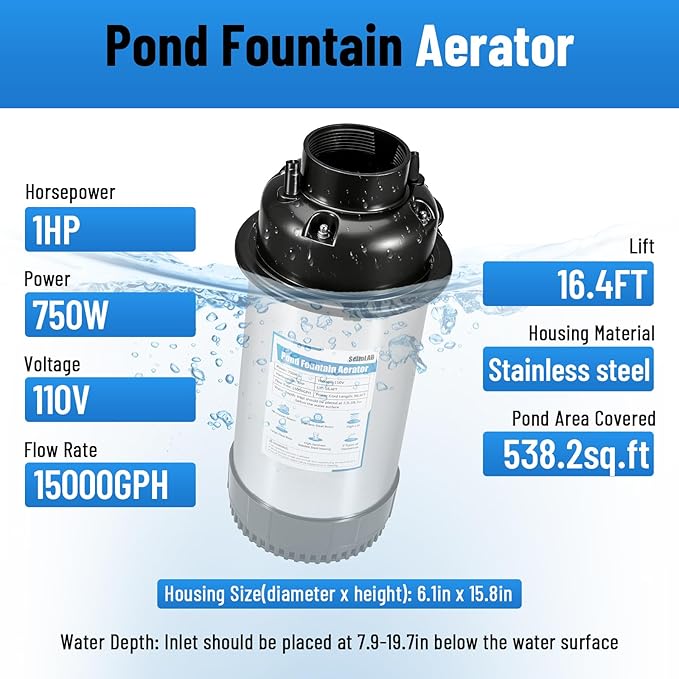 Pond Fountain Aerator with Lights, 1HP 15000 GPH Stainless Steel Floating Fountain with Timer, 100 FT Power Cord, 110V 750W, for Outdoor Backyard Water Garden