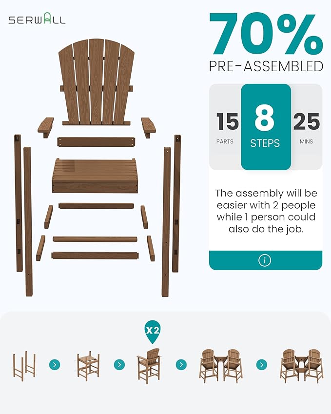 SERWALL Tall Adirondack Chairs Set of 4 with Double Layer Connecting Tray, HDPE Bar Height Outdoor Chairs, Wood-Like Adirondack Bar Stools for Patio, Balcony, Porch, Brown