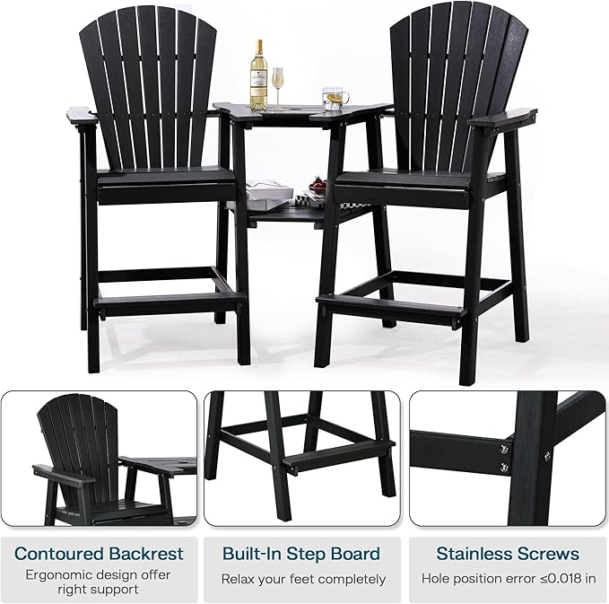 Tall Adirondack Chairs Set of 2, HDPE Balcony Chair with Double Connecting Tray, Weather Resistant Outdoor Adirondack Bar Stools for Patio, Deck, Patio, Backyard, Balcony.(Black)