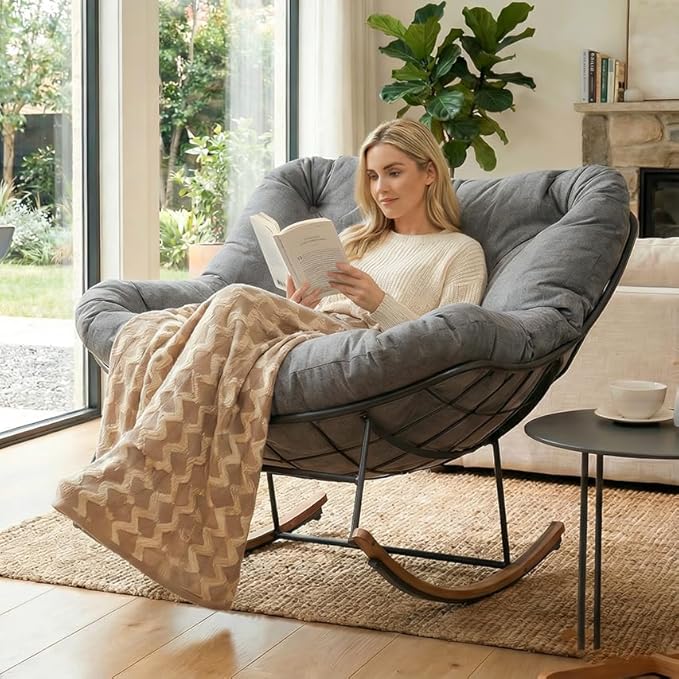 Outdoor Rocking Chair, 400 lbs Sturdy Frame with Thick Cushion,Patio Papasan Chair for Bedroom, Living Room, Porch, Garden(Grey)