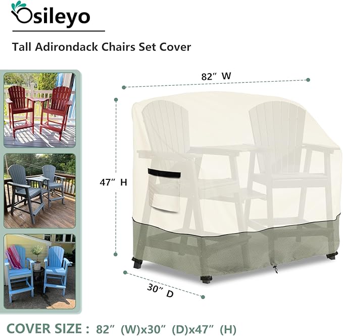 Tall Adirondack Chairs Set Cover for Poly Balcony Chair with Connecting Tray Patio Stools,100% Waterproof Heavy Duty Tall Outdoor Adirondack Chair Table Covers, Beige