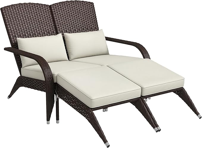 Outsunny Wicker Adirondack Chair for 2 with Cushions & Footrests, PE Rattan Double Chaise Lounge Chair, Fire Pit Chair for Porch with High-Back, Wide Armrests, Cream White