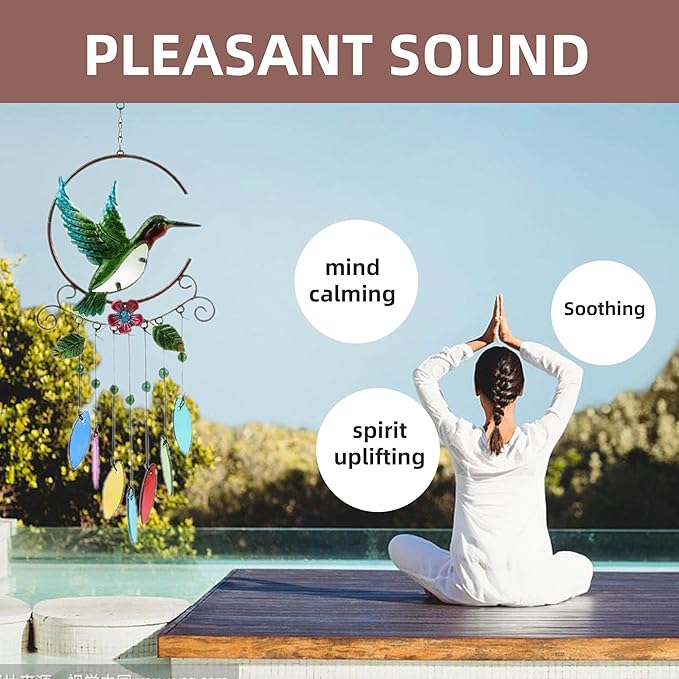Wind Chimes Hummingbird, Garden Glass Colorful Wind Chimes for Home, Party, Festival Decor, Garden Decoration Indoor/Outdoor, Lifelike Hummingbird Bell Deep Tone Style
