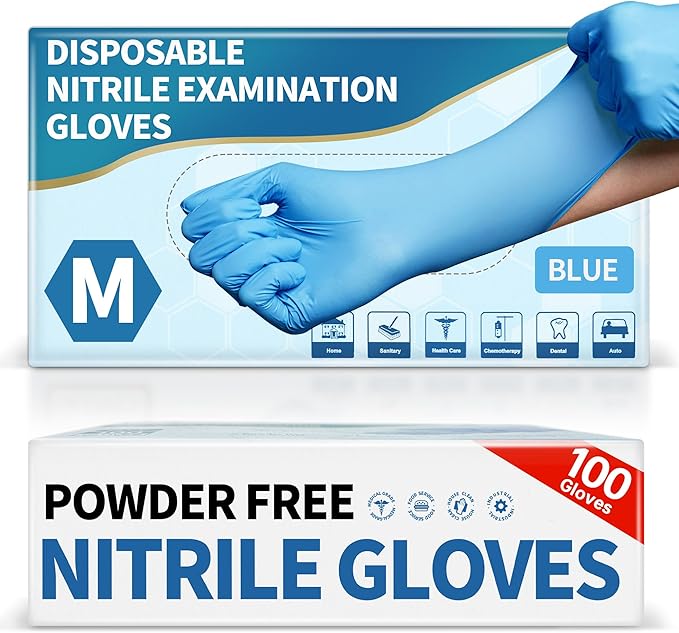 Medical Blue Nitrile Disposable Exam Gloves, 4.5 Mil 100 Pcs Powder-Free Latex-Free Food-Safe for Lab Cooking Cleaning