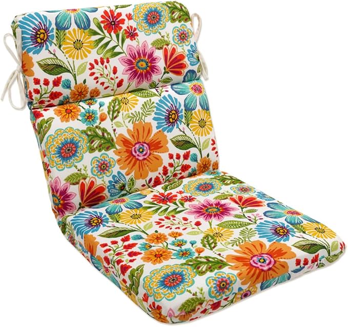 Pillow Perfect Bright Floral Indoor/Outdoor 1 Piece Split Back Chair Cushion Set With Ties, 1 Count, 40.5" x 21", Blue/Purple Gregoire
