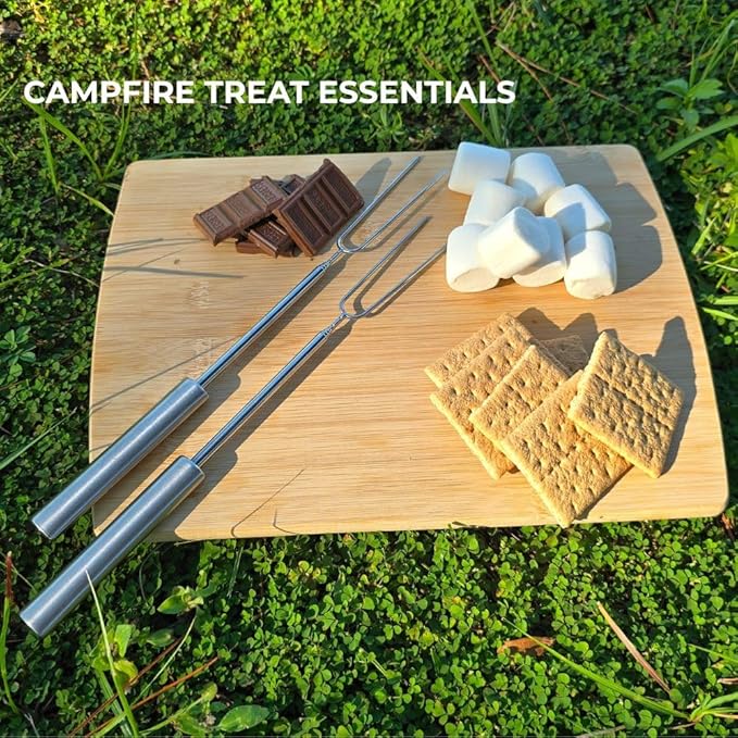Smores Sticks For Fire Pit [All-Stainless Steel Set Of 12] -Marshmallow Roasting Sticks For Campfire, Telescoping S'mores Forks -Long Hot Dog Sticks [Dishwasher-Safe] - SUMPRI Campfire Skewers
