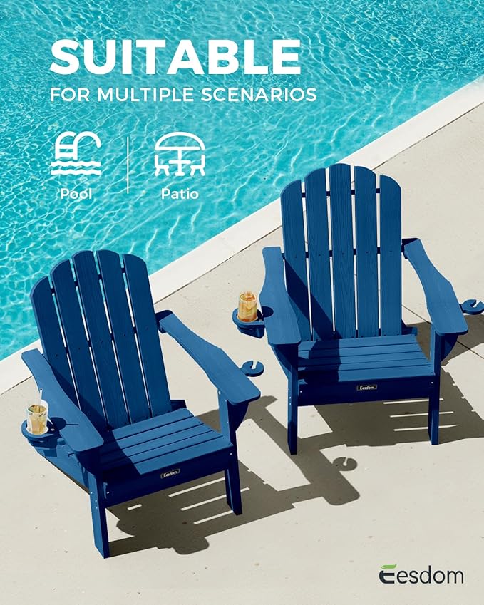 Folding Adirondack Chair, HDPE Adirondack Chair with 2 Cup Holders, Pre-Assembled Outdoor Fire Pit Chairs for Patio, Garden, Poolside, NavyBlue
