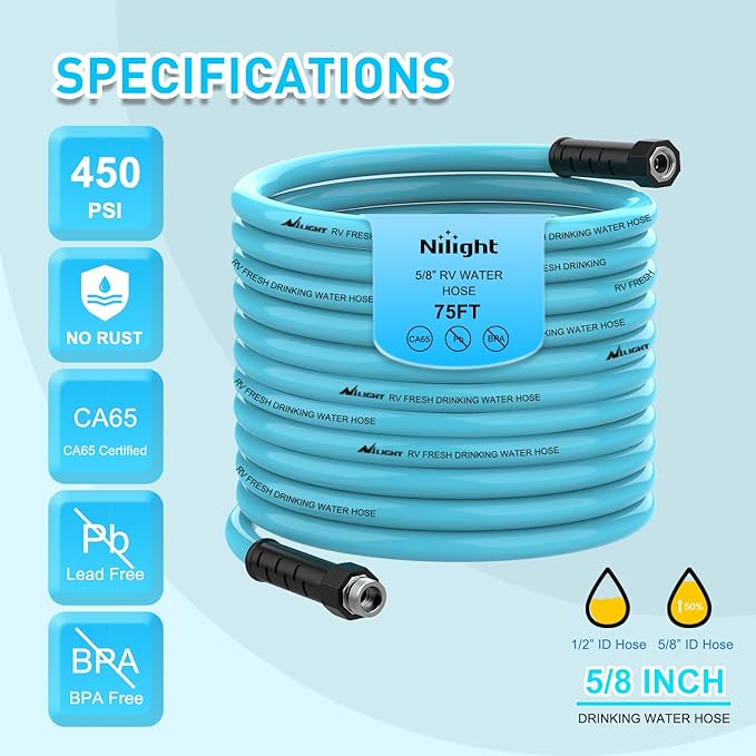 Nilight RV Water Hose 75FT Garden Drinking Hoses with Storage Bag Leakproof Anti-Kink 5/8" Inner Diameter Flexible Lightweight Freshwater Hose for RVs Campers Travel Trailer Boat Car Wash Accessories