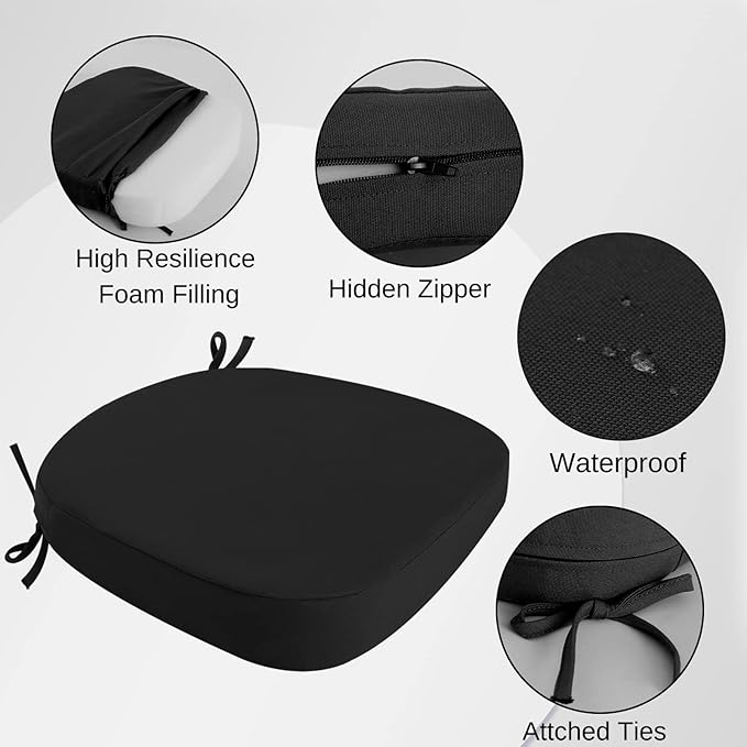 idee-home Outdoor Chair Cushions Set of 4, 19" x 19" x 3" Thick D-Shaped Patio Furniture Outdoor Seat Cushions Waterproof with Ties, Dining Pads