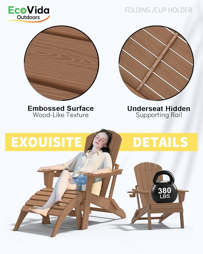 3-Piece Folding Adirondack Chair Set - 38" Extra Tall Back & Embossed Wood Grain, Oversized HDPE Patio Furniture with Side Table & Cup Holders, 380lb Heavy Duty, Cedar