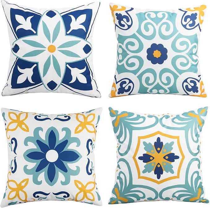 Pyonic Outdoor Waterproof Throw Pillow Covers Set of 4 Floral Printed and Boho Farmhouse Outdoor Pillow Covers for Patio Funiture Garden 18x18 Inch Blue