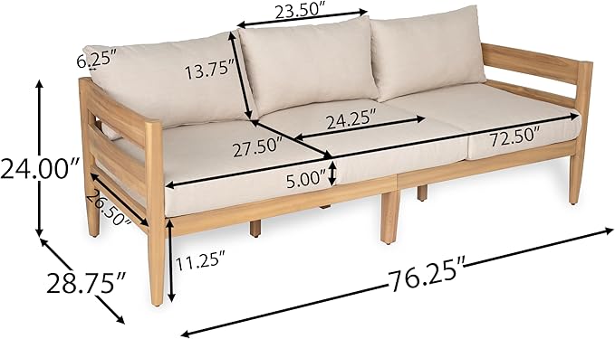 Christopher Knight Home Kavets 76.25'' W Outdoor 3 Seater Sofa with 5" Cushion, Acacia Wood Patio Sofa, Modern Slat Panel Bench, Spacious Seating Couch for Backyard Garden Porch, Light Teak+Beige