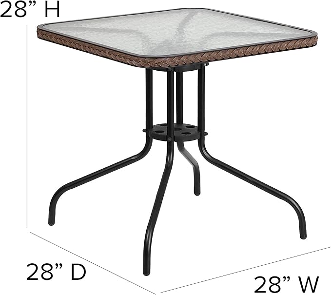 Flash Furniture Lila 3-Piece 28" Square Indoor/Outdoor Patio Table and Chairs Set, Glass Metal Bistro Table and 2 Stacking Rattan Chairs, Brown