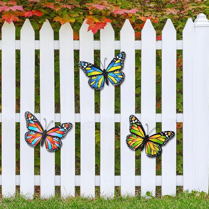 EOORAU Metal Butterfly Outdoor Wall Decor - 3pcs Metal Butterflies Wall Hanging Sculpture Decorations for Fence Patio Yard Garden Tree Gift for Mom Friends