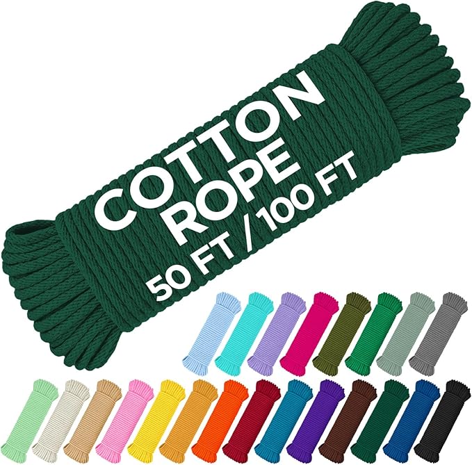 TECEUM Cotton Rope 3/16” (5 mm) – 100 FT – Strong All-Purpose Braided Rope – Natural Cotton – for Crafting, Сamping, Clothes Line, DIY, Indoor & Outdoor Use – Dark Green