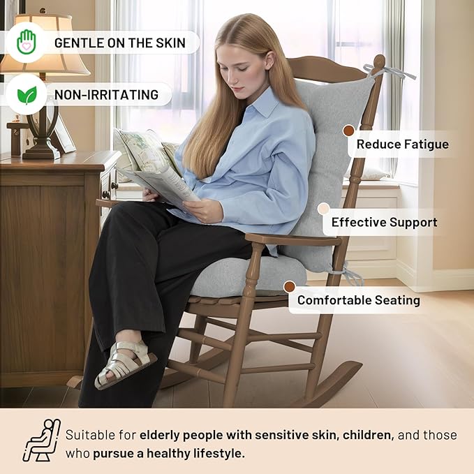 Lokex Rocking Chair Cushion 4 Inch Extra Thick, Cushions for Rocking Chairs Set of Seat and Back with Ties, Linen Fabric Indoor Outdoor Rocker, 17x21 & 17x17 Inches (Light Grey)