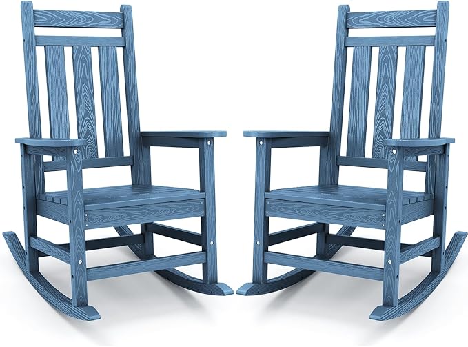 KINGYES Outdoor Rocking Chair Set of 2, All-Weather Patio Rocking Chairs for Porch, HDPE Rocking Outdoor Chairs with High Back for Adult, Heavy Duty Outdoor Patio Rockers for Garden, Lawn, Blue