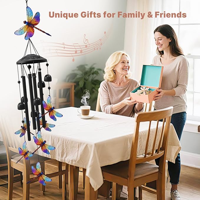 Dragonfly Wind Chimes for Outside, Black Metal Windchimes Outdoors, Dragonflies Gifts for Women/Men, Garden/Yard Decor, Memorial/Birthday Gifts for Grandma/Mom, Durable Chimes for Outdoors