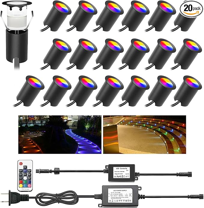 Recessed LED Deck Lights Kits with Protecting Shell,20Pack Φ1.18 IP67 Waterproof 12V Low Voltage Embedded Step Stair RGB Outdoor Landscape LED Lighting for Yard,Garden,Floor,Entryways