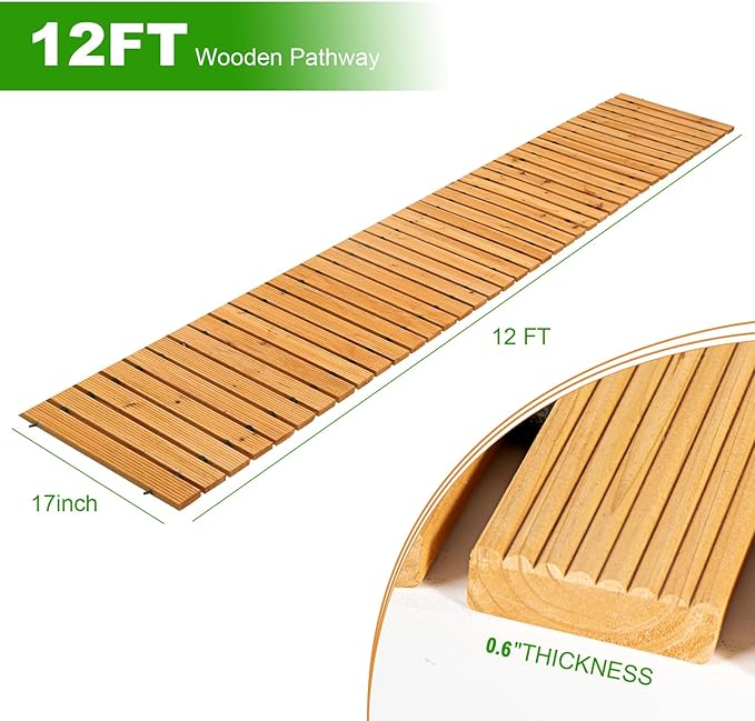 LINSHRY 12FT Wooden Garden Pathway, Outdoor Roll Out Decorative Garden Walkway, Weather-Resistant Non-Slip Hardwood Pathway for Backyard, Beach, Wedding Party Paths