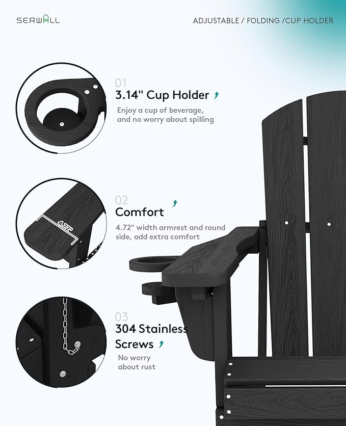 SERWALL Folding Adirondack Chair Set of 4, Adjustable Adirondack Chair with 3 Recline Positions, All Weather HDPE Outdoor Adirondack with Cup Holders, Black