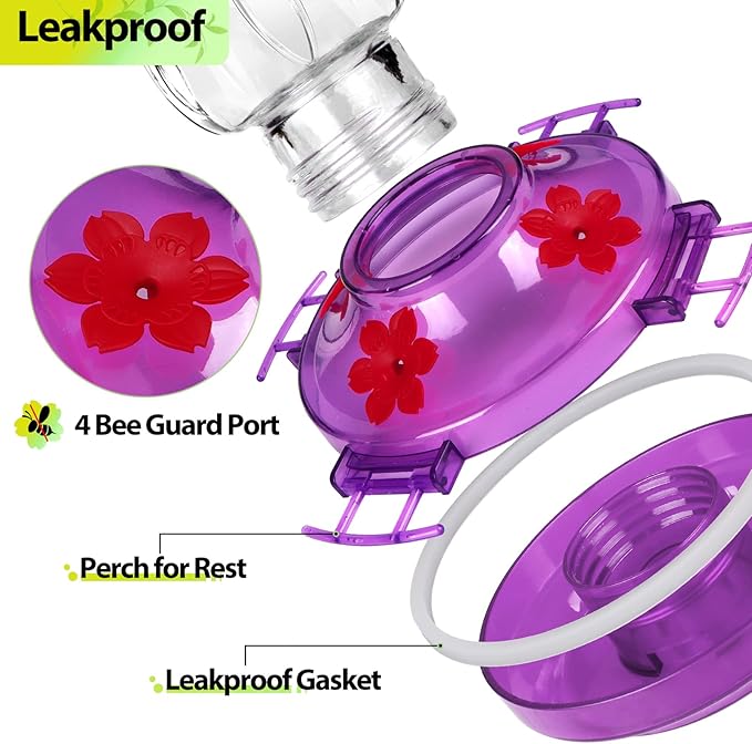 Glass Hummingbird Feeders for Outdoors, Built-in Ant Moat & Leakproof Design, XAROO Hummingbird Feeder with 4 Bee Guard Feeding Ports, 15OZ, Purple, Gifts for Mom Wife Dad, Birthday Gift for Men Women