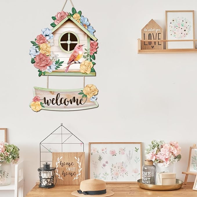CHDITB Welcome Spring Wooden Sign, Floral Birdcages Wooden Hanging Plaque, Pink Birds Flowers Front Door Hanger, Spring Sign Rose Welcome Wall Art for Farmhouse Outdoor Spring Wall Art Decor