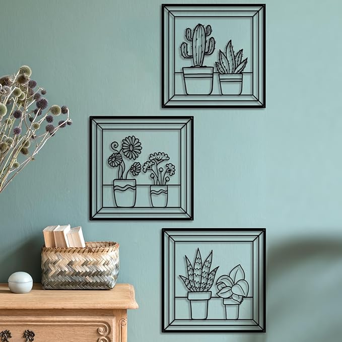DUOOLN Metal Flowers Wall Art Decor,3Pcs Minimalism Flower in Vase Hanging Iron Hanging Picture, Modern Plant Potted Wall Sculpture Sign,Home Bedroom Bathroom Outdoor Indoor Kitchen Decoration-Black