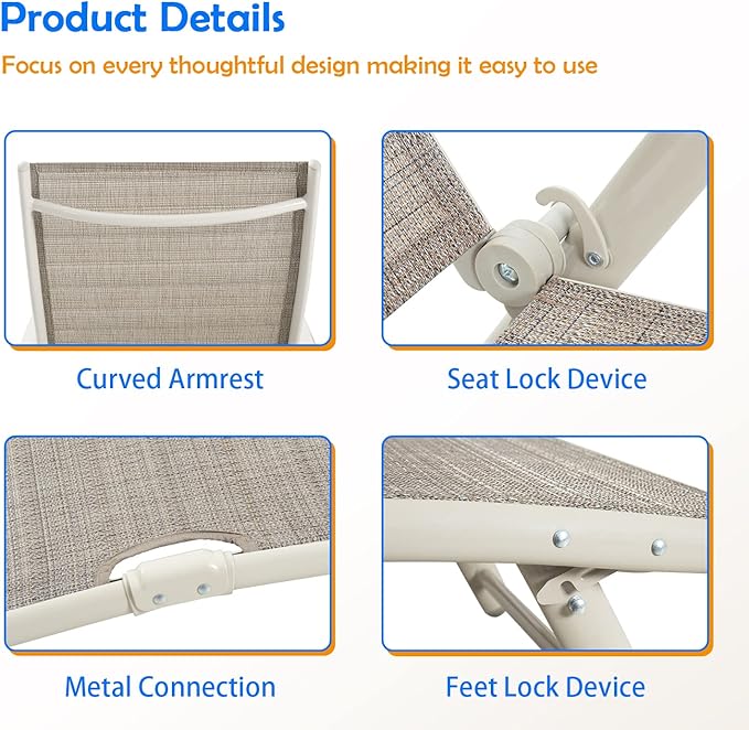 Devoko Lounge Chairs for Outside Patio Chaise Lounge Outdoor Poolside Adjustable Recliner Folding Lounge Chairs Set of 2 for Garden Beach (Beige)