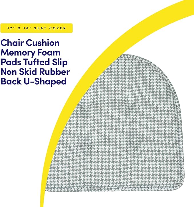 Sweet Home Collection Chair Cushion Memory Foam Pads Tufted Slip Non Skid Rubber Back U-Shaped 16.5" x 15.5" Seat Cover, 4 Count (Pack of 1), Houndsooth Pistachio