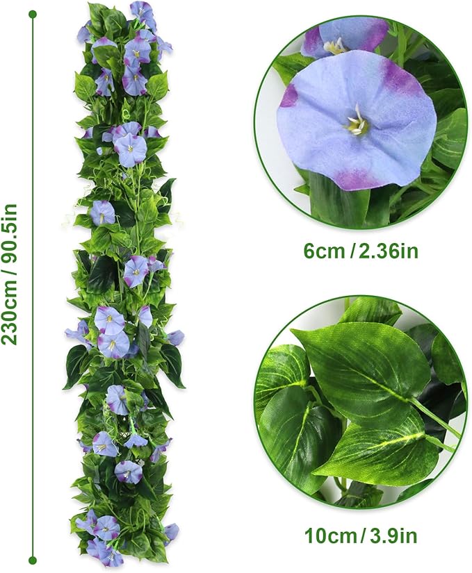 AirSun Artificial Morning Glory Flower Vines, 2pcs 15Feet Hanging Plants Silk Garland Fake Green Plant Home Garden Wall Fence Indoor Outdoor Wedding Birthday Decor