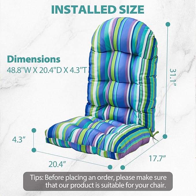 Adirondack Chair Cushion, High Back Patio Cushions with Adjustable Ties, 48.8x20.4x4.3, Waterproof Tufted Pillow, Fade Resistant Seat Rocking Chair Cushion for Indoor/Outdoor, Stripe Blue, 2