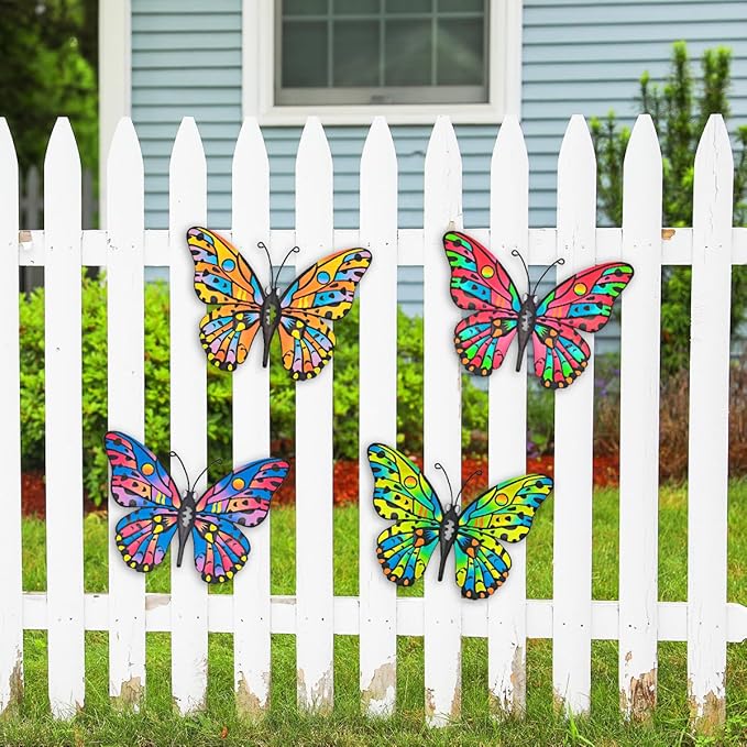 4 Pack Outdoor Butterfly Wall Decor - 9.6 inches Metal Butterfly Wall Art Decorartion for Yard Fence Garden Patio Balcony,Gift Idea for Family Friends(4 Pack)