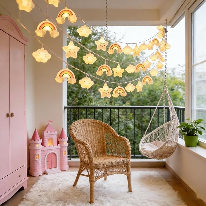 Star Cloud Rainbow Fairy Lights 20 FT 40 LED Lights， Warm White Fairy String Lights for Holiday Party Bedroom Wedding Garden Decoration (Stars Clouds Rainbows, 20FT)