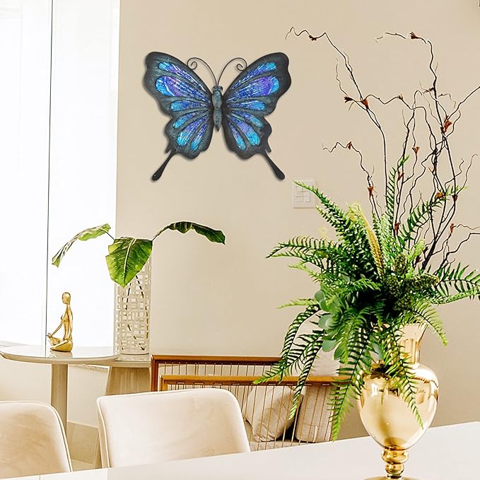 HONGLAND Metal Butterfly Wall Decor Outdoor Indoor Art Sculpture Hanging Glass Decorations Blue for Home Garden Bedroom
