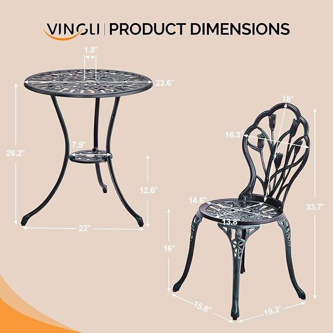 VINGLI 3 PCS Outdoor Bistro Set, Outdoor Patio Set, All-Weather Cast Aluminum Bistro Table Set, Bistro Table and Chairs Set of 2 for Backyard, Garden, Balcony (Green, Tulip)