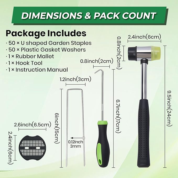 6 Inch Landscape Fabric Staples, 50Pcs Garden Stakes Galvanized +50Pcs Gasket +Pick Hook +Rubber Mallet, U Shaped Weed Barrier Stakes 11 Gauge Lawn Staples Landscape Pins for Yard, Sod, Weed Mat