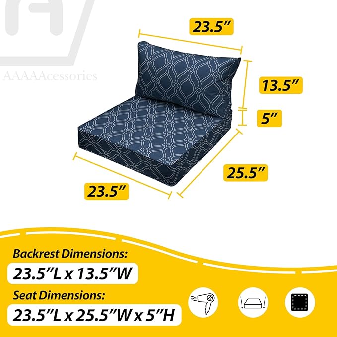 AAAAAcessories Outdoor Seat Cushions for Chairs, Fade-Resistant, Waterproof Patio Furniture Replacement Cushions, 23.5" x 25.5" x 5" + 23.5" x 13.5", Slate Blue Vine Trellis