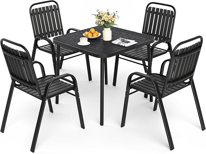 Pamapic Outdoor Dining Sets for 4, Square Table with Adjustable Umbrella Hole with 4 Plastic Chairs, 5 Piece Patio Table and Chairs Set for Garden, Backyard, Poolside and Lawn (Black)