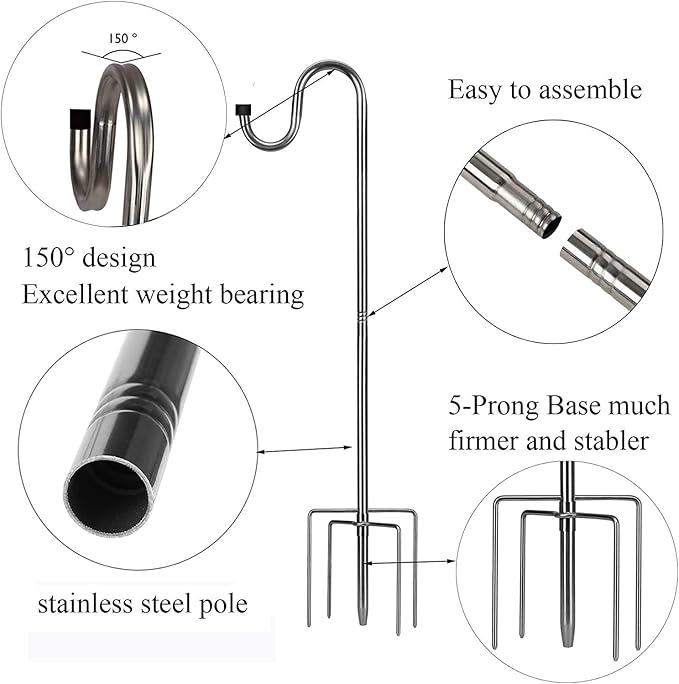 Ihomepark Shepherds Hook for Outdoor, 62 Inch Tall & 5/8 Inch Diameter Stainless Steel Heavy Duty Poles to Hang Outdoor Lights with 5 Prongs Base, Suitable for Bird Feeders or Wedding Decors(1pack)