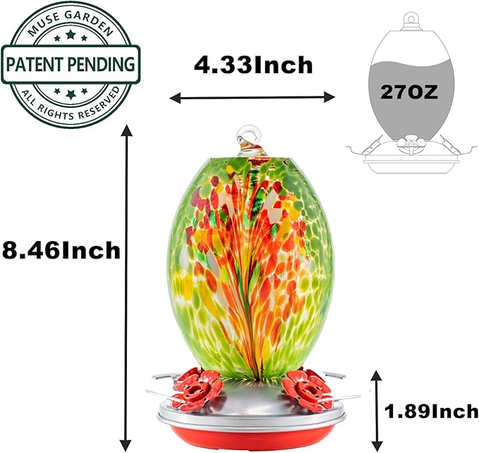 Muse Garden Glass Humming Bird Feeders for Outdoors - 27OZ Blown Glass Hummingbird Feeder - Unique Gift for Mom Women Grandparents, Outdoors Hanging Garden Decor, Ant Moat & Brush, Green Floral