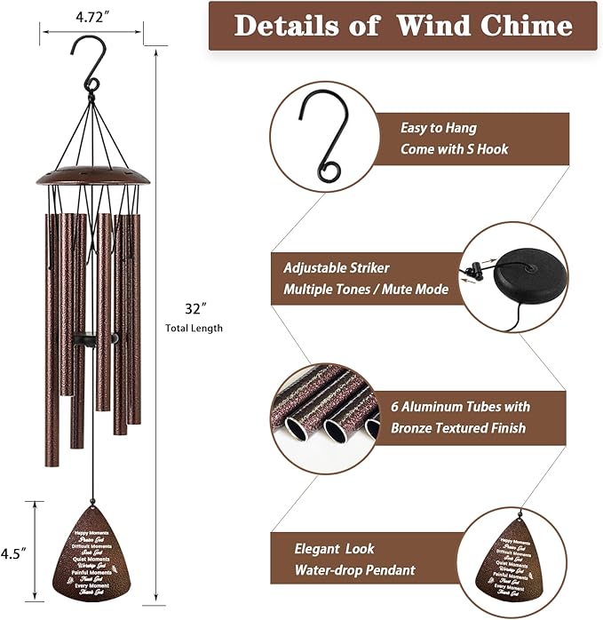 Christian Gifts for Women Men, 32" Bronze Wind Chimes Religious Gifts with Bible Verse, Spiritual Faith Based Gift for Christian Women Mom Sister Friend Coworker