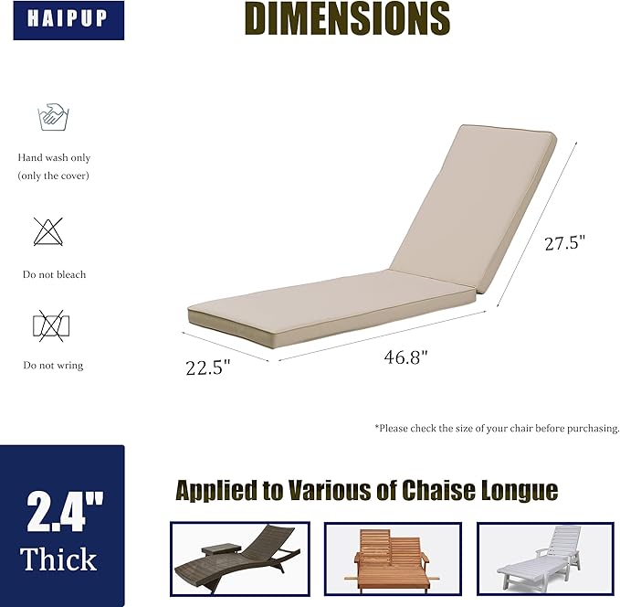 2-Pack Chaise Lounge Chair Cushions, Waterproof/Fade Resistant, Outdoor Indoor Use for Patio, Backyard, Poolside & Deck(2, Khaki)