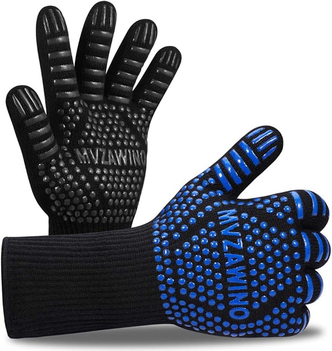 Premium BBQ Gloves, 1472°F Extreme Heat Resistant Oven Gloves, Grilling Gloves with Durable Fireproof Kitchen Oven Mitts Designed for Cooking, Grill, Frying, Baking, Barbecue (Blue+Black)