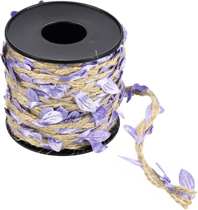 PATIKIL 33ft 5mm Burlap Leaf Ribbon, Braided Decoration Vine Natural Jute Rope Twine with Artificial Leaves for Jungle Wedding Party Home Garden Decor, Light Purple