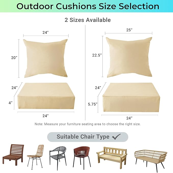 Outdoor Cushions for Patio Furniture,Outdoor Seat Cushion Set 24 x 24 x 4 Inch,Waterproof & Fade Resistant Outdoor Chair Cushions,Deep Patio Chair Cushion with Removable Cover,Beige