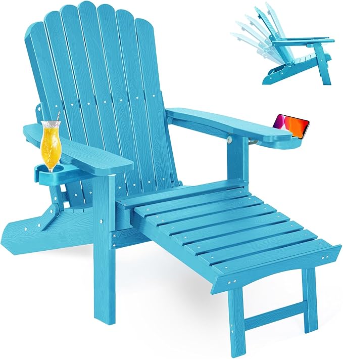 ZHUSI Folding Adjustable Adirondack Chair with Retractable Ottoman, Adirondack Chair with 2 Cup Holders, Outdoor Chairs for Porch Patio Lawn Balcony Weather Resistant (Lake Blue, 1 pcs)