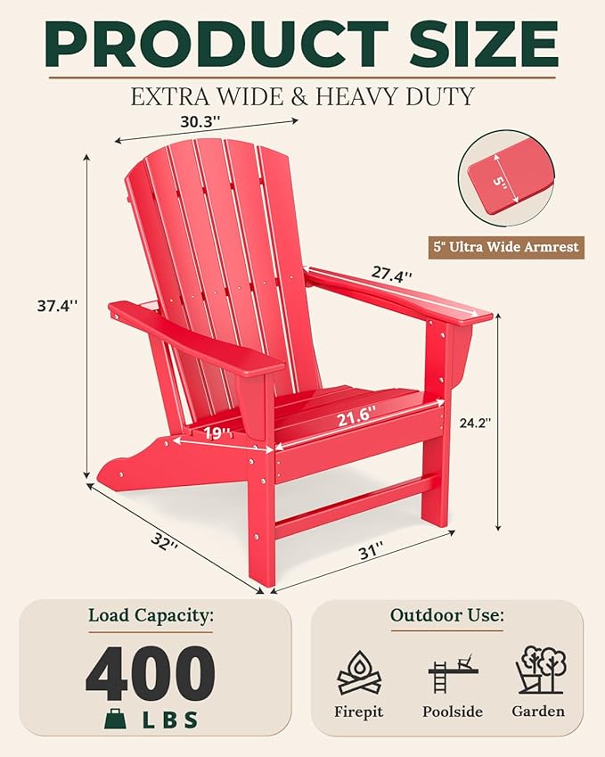 BRIOPAWS Adirondack-Chairs-Set of 4 | Fire Pit Chair | Oversized | HDPE Plastic | Weather Resistant | for Deck Outdoor Poolside Campfire | Red